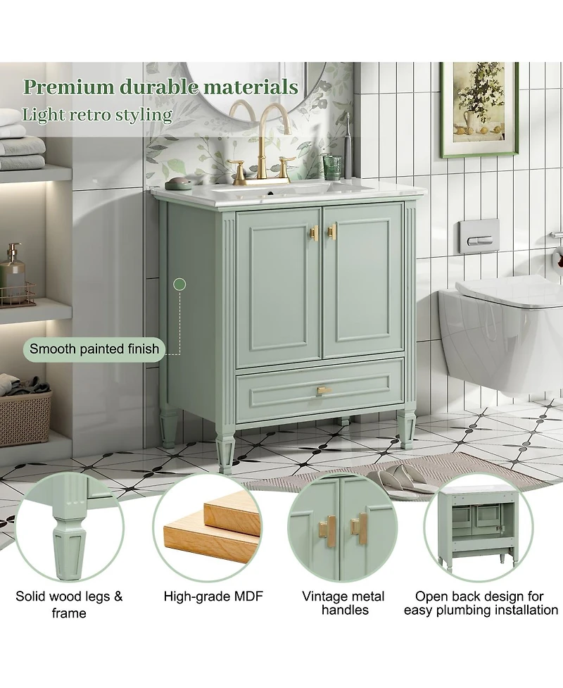 Sillysis 30 Inch Retro Bathroom Vanity with Ceramic Sink, Solid Wood Frame, Soft Close Doors and Bottom Drawer Storage
