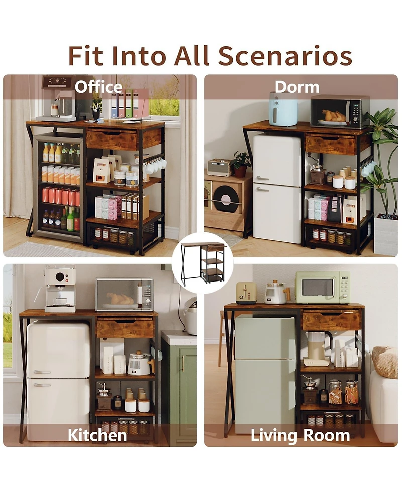 homfan 45-Inch Coffee Bar Cabinet with Mini Fridge Space Microwave Shelf Power Outlets Beverage Wine Storage Station Kitchen Pantry Organizer