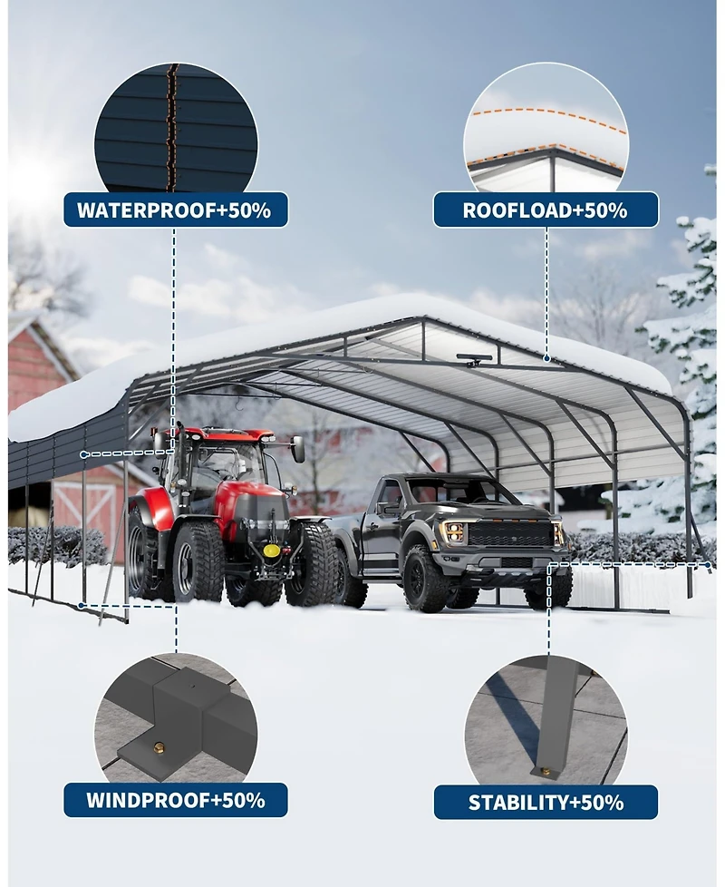homfan Hardtop Steel Carport with Solar Light, Heavy Duty Metal Vehicle Shelter for Cars Trucks Boats Driveway Patio