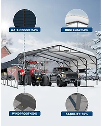 homfan Hardtop Steel Carport with Solar Light, Heavy Duty Metal Vehicle Shelter for Cars Trucks Boats Driveway Patio