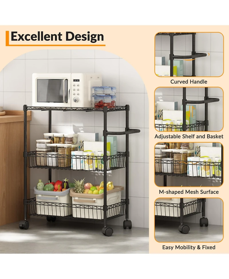 homfan 3 Tier Bar Cart, 28 Inch Heavy Duty Metal Storage Cart with Adjustable Shelves and Locking Wheels for Kitchen or Pantry