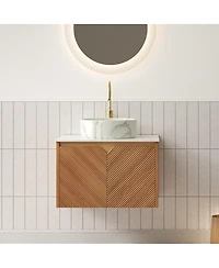 Sillysis Floating Bathroom Vanity with Ceramic Vessel Sink, Carrara Sintered Stone Top, Solid Wood Door