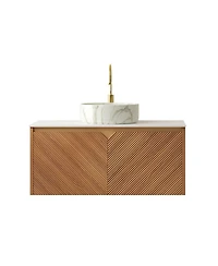 Sillysis Floating Bathroom Vanity with Ceramic Vessel Sink, Carrara Sintered Stone Top, Solid Wood Door