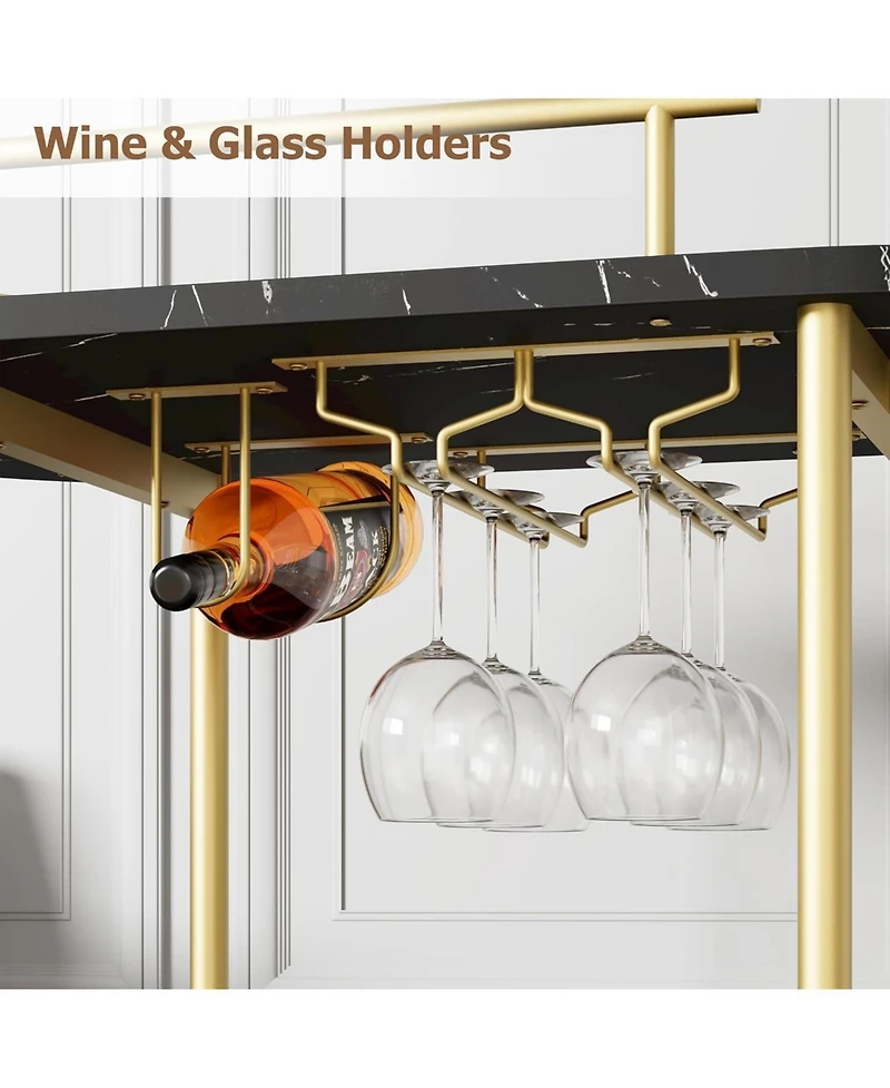 homfan Modern Bar Cart with Wine Rack, Glass Holder and 4-Tier Storage Shelves, Mobile Serving on Wheels for Kitchen or Dining Room