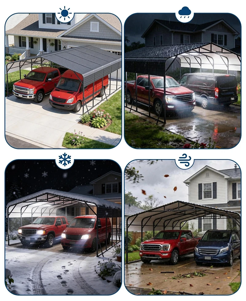 homfan Hardtop Steel Carport with Solar Light, Heavy Duty Metal Vehicle Shelter for Cars Trucks Boats Patio Driveway