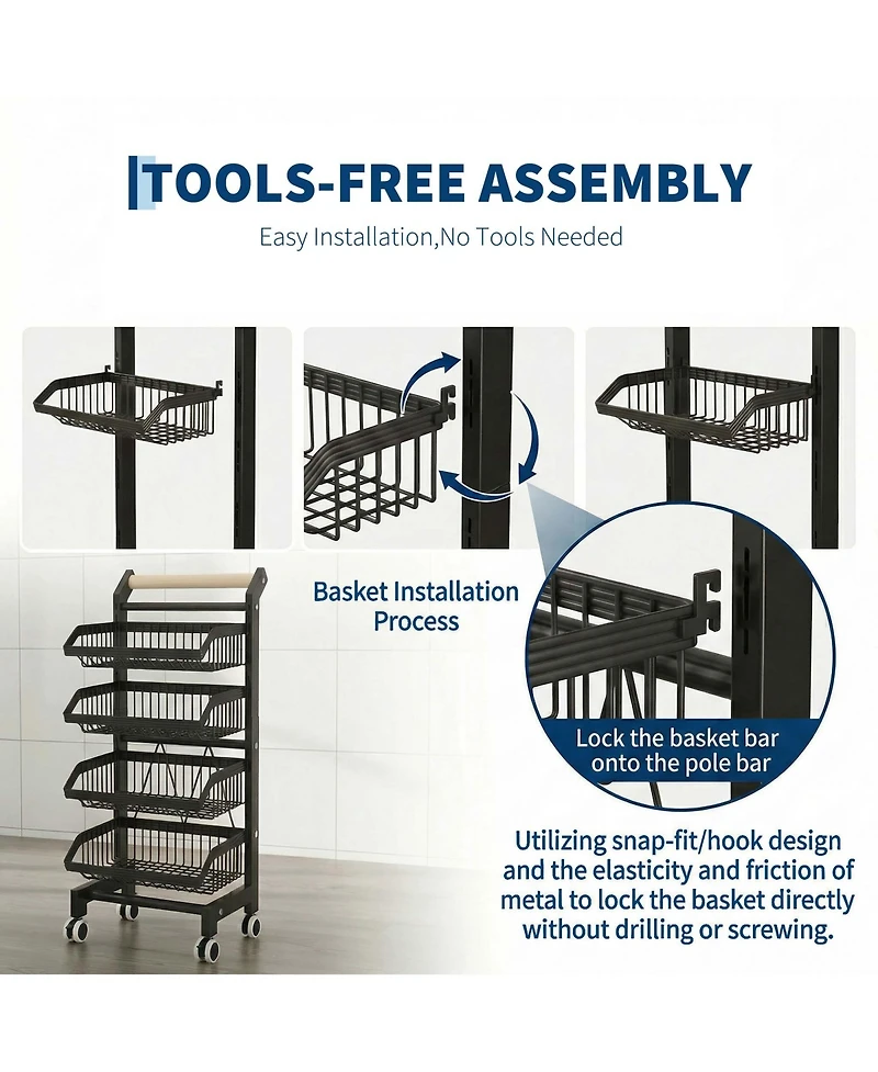 homfan 3 Tier Bar Cart, 32 Inch Foldable Carbon Steel Rolling Storage Cart with Locking Wheels for Kitchen or Pantry