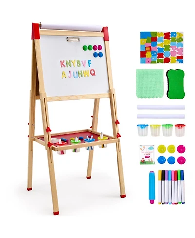 Yobtop 3-in-1 Kids Art Easel, Double-Sided Wooden Magnetic Whiteboard Chalkboard,Adjustable Height for 3-14