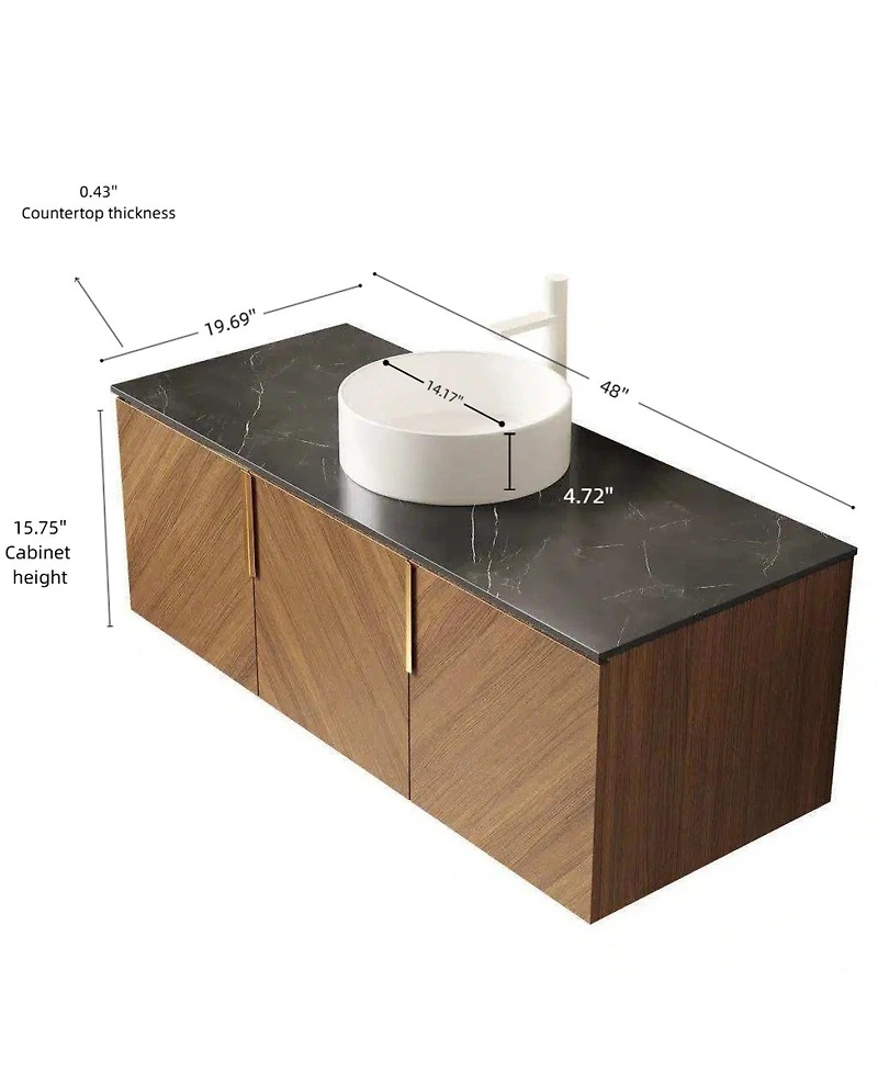 Sillysis Floating Bathroom Vanity Cabinet with Ceramic Vessel Sink, Sintered Stone Countertop, Large Storage