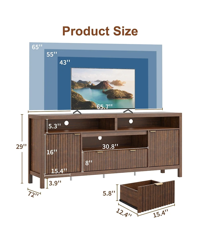gaomon Modern Fluted Tv Stand for 65/75 inches TVs with 2 Cabinet Storage for Living Room