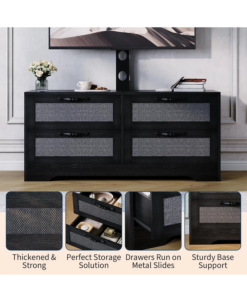 homfan Farmhouse Style Dresser Tv Stand for TVs up to 70inch , 4 Drawers, Rattan Doors, Wooden Storage Cabinet, Media Console Bedroom