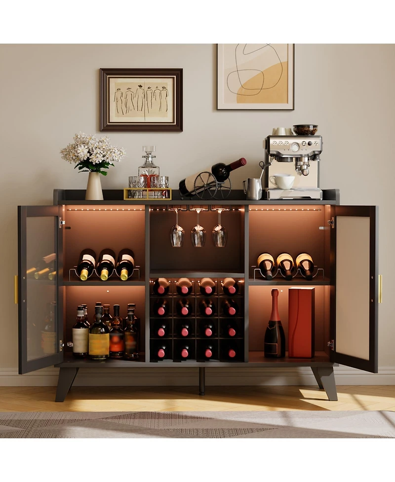 homfan Bar Cabinet with Led Lights and Wine Rack