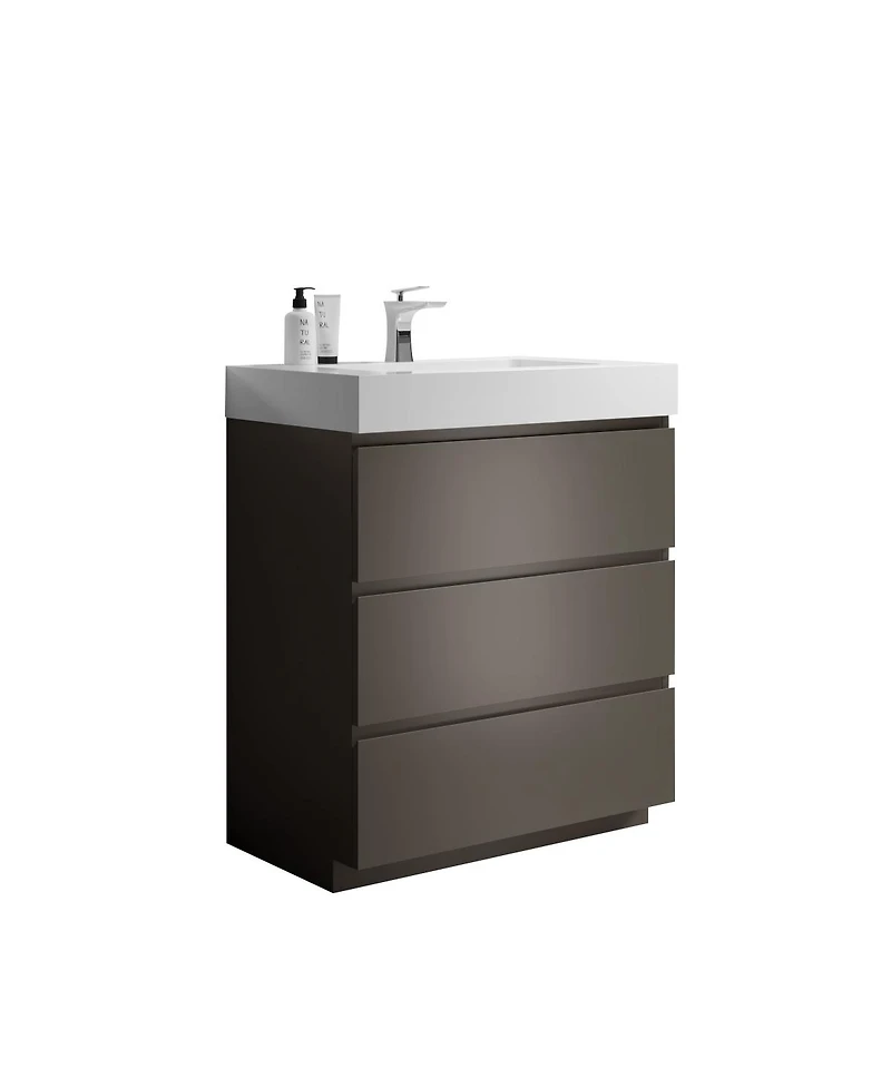 Sillysis Modern Freestanding Bathroom Vanity with Stone Sink, Soft Close Drawers, Handle-Free Storage Cabinet