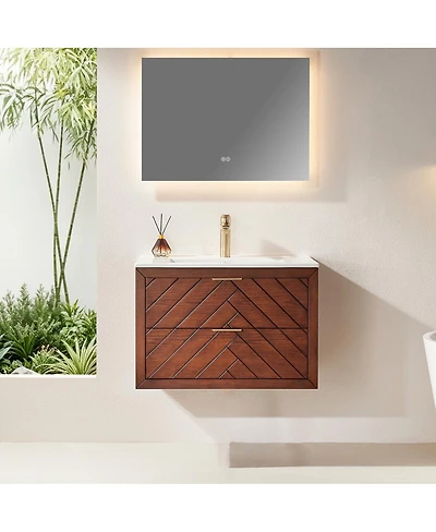 Sillysis Floating Bathroom Vanity with Ceramic Sink, Wall Mounted Modern Cabinet, Deep Drawers for Storage, Fully Assembled