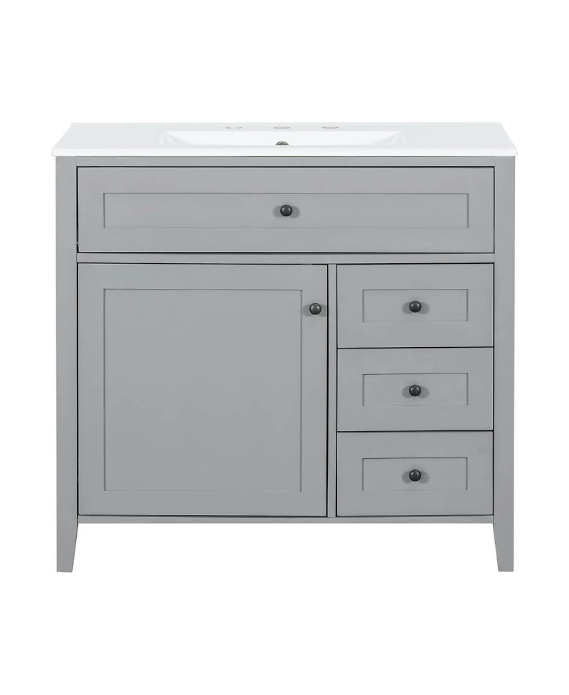 Sillysis 36 Inch Modern Bathroom Vanity with Ceramic Sink, Storage Cabinet, Solid Wood Legs and Adjustable Shelves