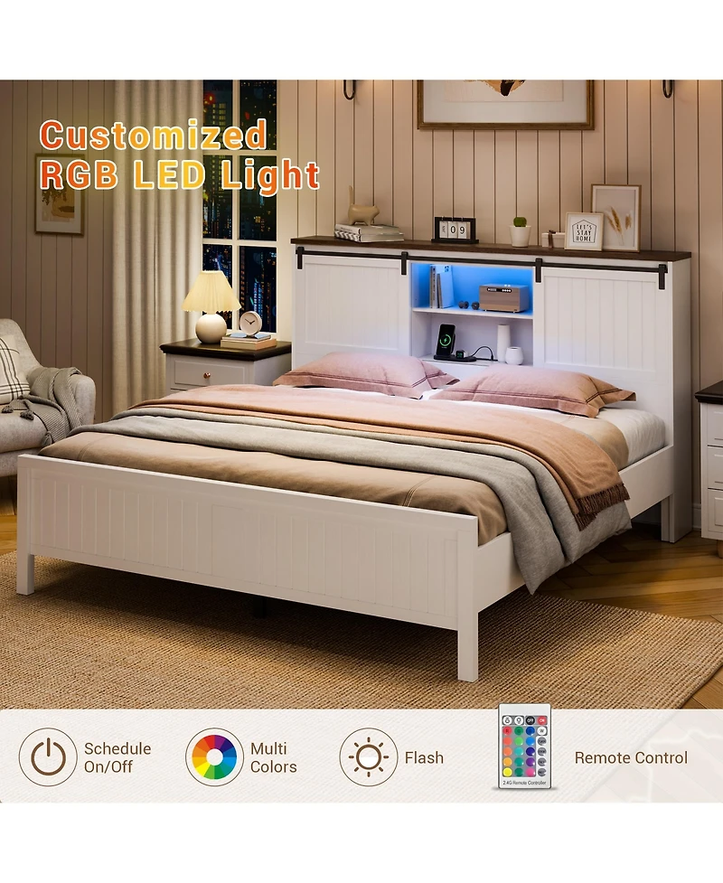 homfan Queen Farmhouse Bed Frame with Bookcase Headboard, Led Lighting, Sliding Barn Doors, Storage and Charging Station, No Box Spring Needed