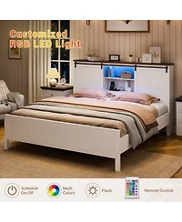 homfan Queen Farmhouse Bed Frame with Bookcase Headboard, Led Lighting, Sliding Barn Doors, Storage and Charging Station, No Box Spring Needed