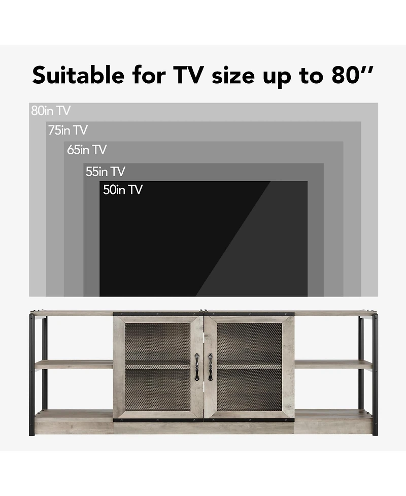 homfan Industrial Farmhouse Tv Stand for 65 Inch Tv, Deep Media Console with Mesh Doors and Shelves, Metal Frame Entertainment