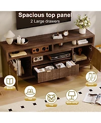 homfan Fluted Tv Stand for 65/75 inches TVs, Mid Century Modern Tv Stand with 2 Cabinet Storage, Tv Console for Living Room, Bedroom