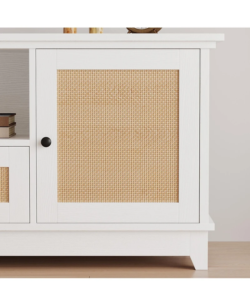 homfan Modern Rattan Entertainment Console, Engineered Wood Tv Stand with Metal Handles, Multi-Functional Storage Media Cabinet