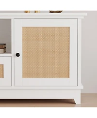 homfan Modern Rattan Entertainment Console, Engineered Wood Tv Stand with Metal Handles, Multi-Functional Storage Media Cabinet