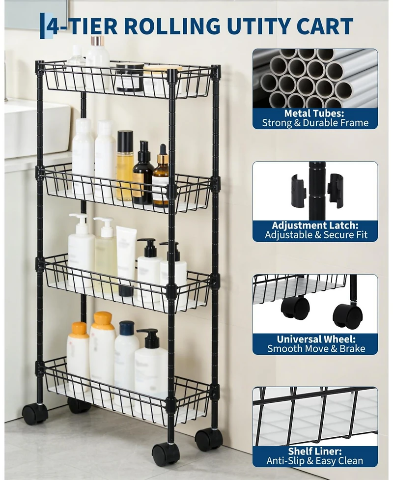 homfan 4 Tier Bar Cart, 32 Inch Tall Slim Metal Rolling Storage Cart with Adjustable Shelves and Wheels for Kitchen or Pantry