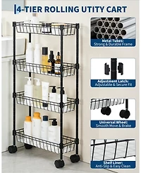 homfan 4 Tier Bar Cart, 32 Inch Tall Slim Metal Rolling Storage Cart with Adjustable Shelves and Wheels for Kitchen or Pantry