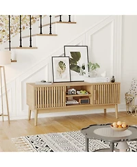 homfan Boho Tv Stand for Living Room, Modern Entertainment Center for TVs Up to 50 Inch, Television Console with Fluted Door Storage Cabinet