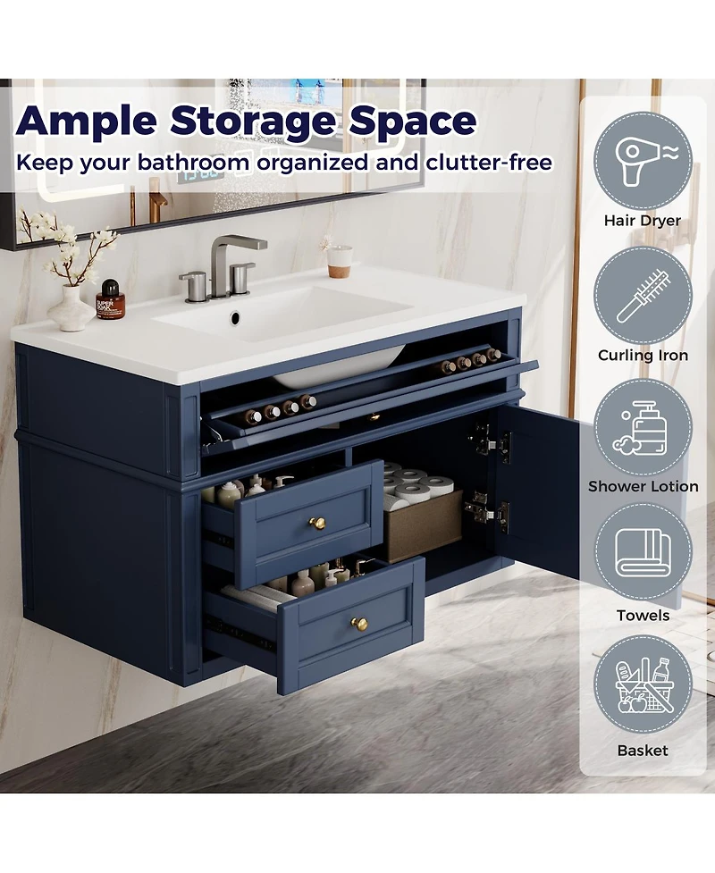 Sillysis Floating Bathroom Vanity with Ceramic Sink, Wall Mounted Modern Cabinet, Soft Close Drawers, Ample Storage