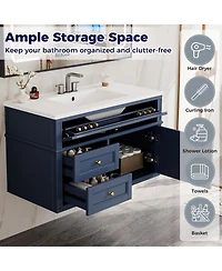 Sillysis Floating Bathroom Vanity with Ceramic Sink, Wall Mounted Modern Cabinet, Soft Close Drawers, Ample Storage