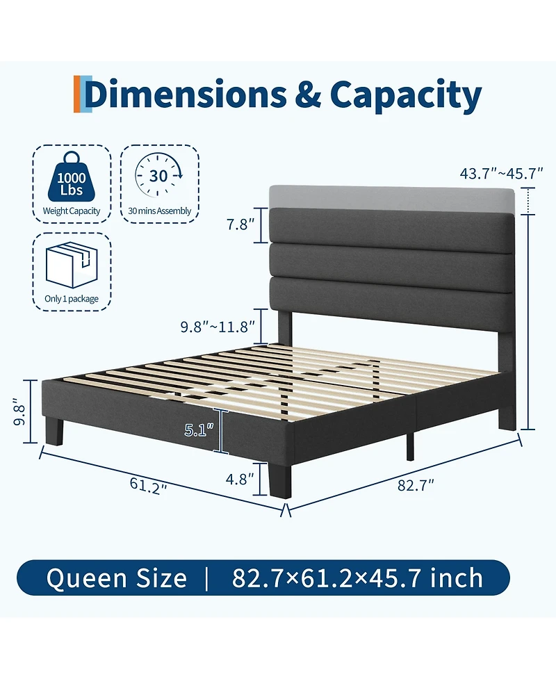 homfan Queen Size Modern Platform Bed Frame, Adjustable Linen Headboard, Heavy Duty Wooden Slats, No Box Spring Needed, Easy Assembly, Noise-Free