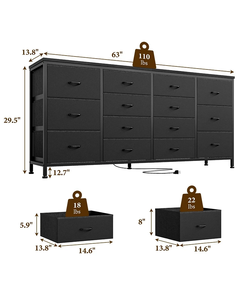 homfan Modern 63" Dresser Tv Stand with 14 Drawers and Power Outlets, Long Entryway Storage Cabinet for 65-75 Inch TVs, Bedroom