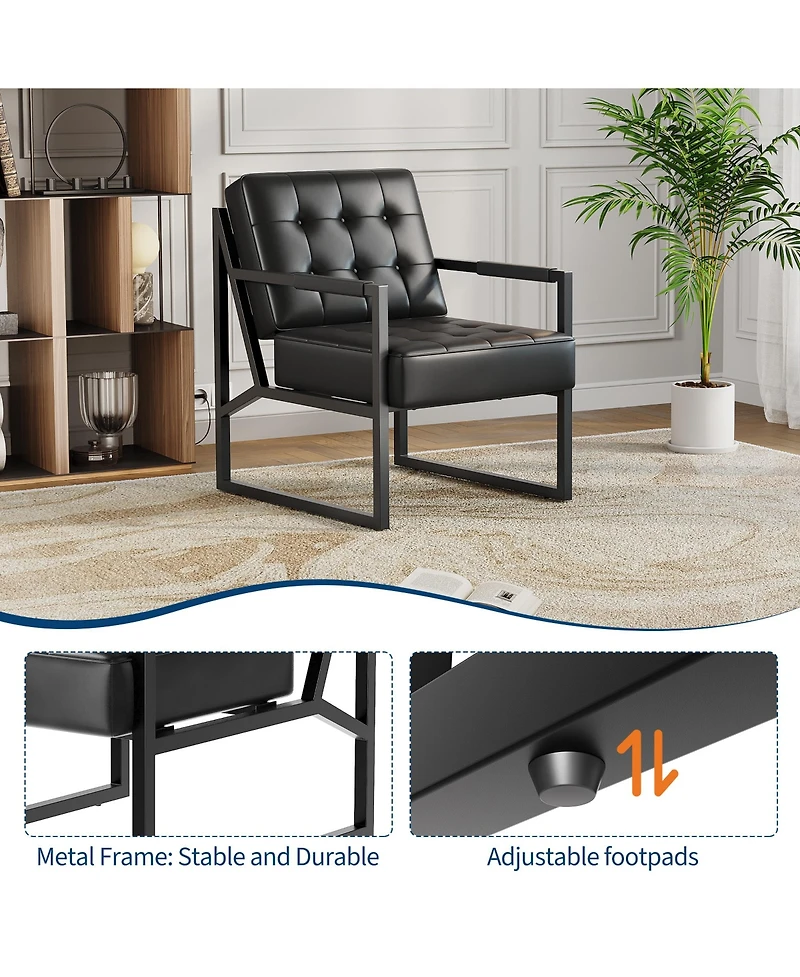homfan Set of 2 Mid-Century Modern Accent Chair, Pu Leather Armchair with Thick Cushion, Metal Frame, for Living Room, Bedroom, Office, Reception
