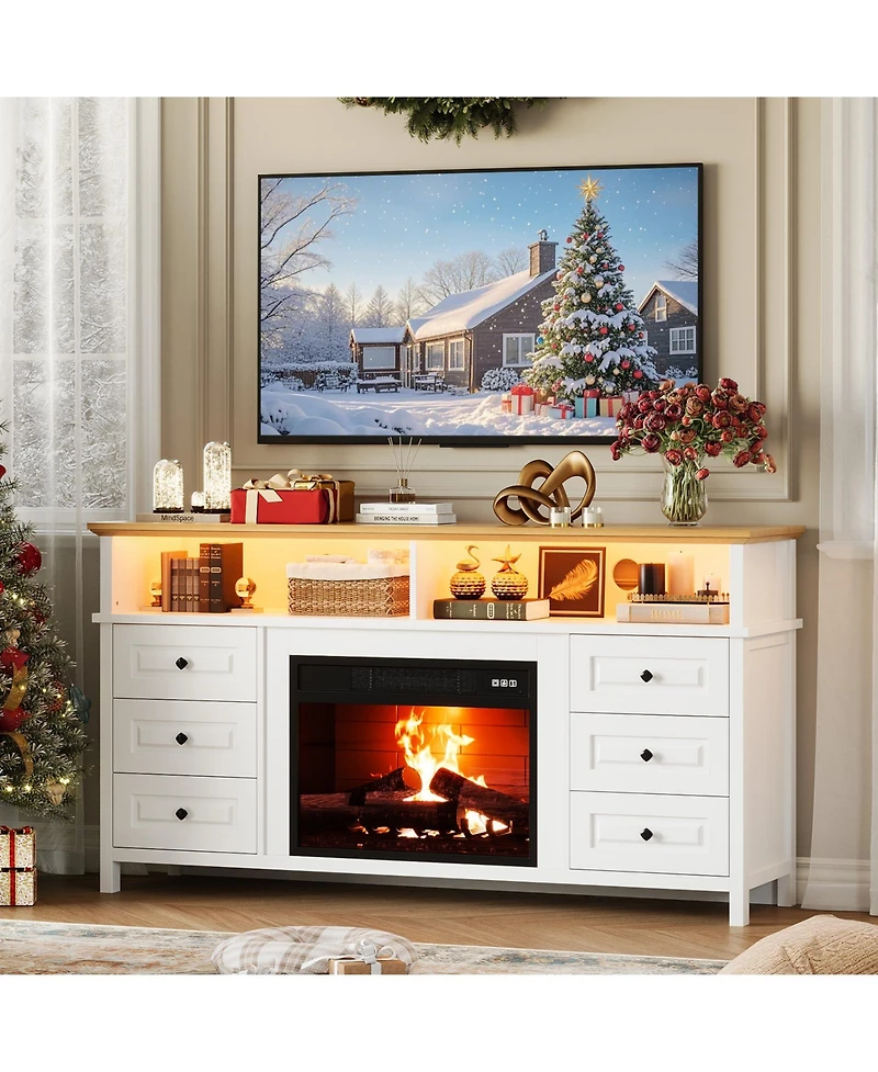 homfan 60"Fireplace Stand for TVs Up to 65", Fireplace with Led Lights, 3D Flame and Heating, Farmhouse Console with Drawers