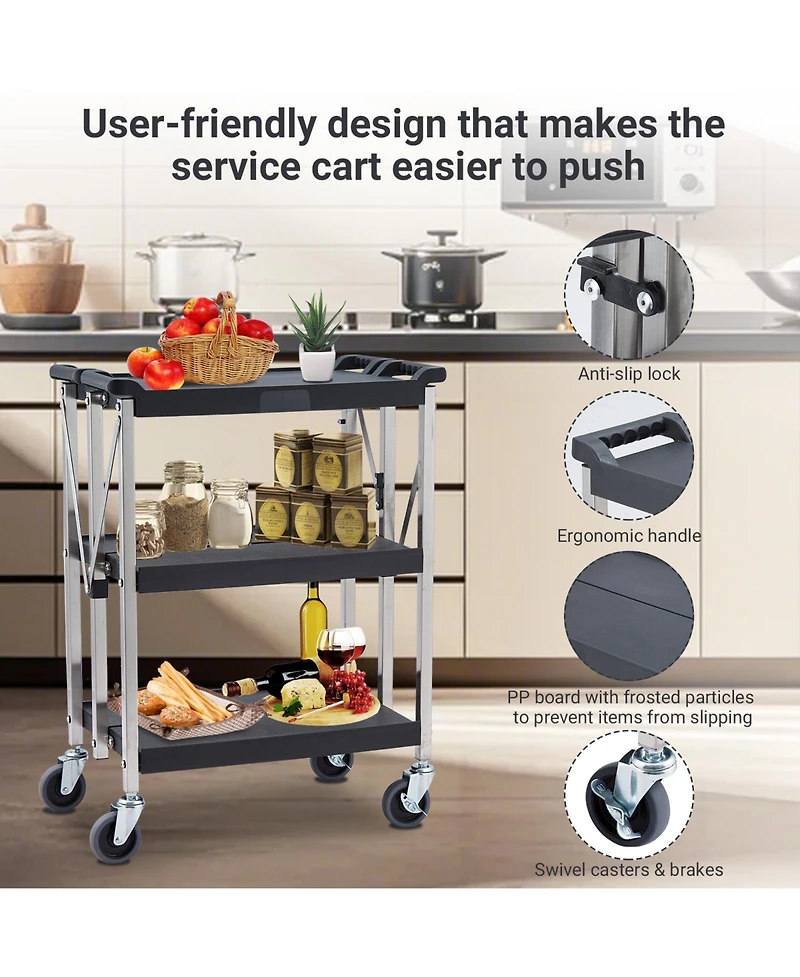 homfan 3 Tier Bar Cart, 26Inch Collapsible Rolling Service Cart with Locking Wheels for Kitchen or Pantry