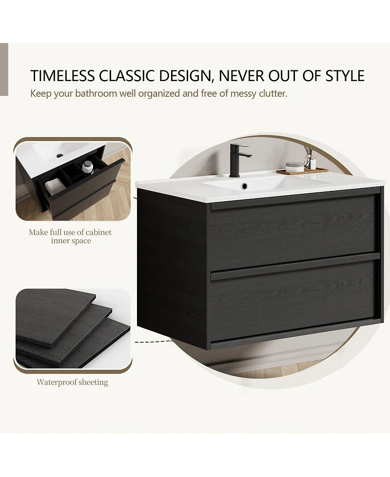 Sillysis Wall Mounted Bathroom Vanity with Ceramic Sink, Soft Close Drawers, Floating Black Cabinet