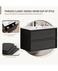 Sillysis Wall Mounted Bathroom Vanity with Ceramic Sink, Soft Close Drawers, Floating Black Cabinet