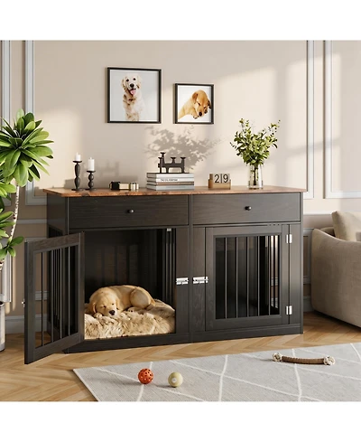 homfan Dog Crate Tv Stand, Heavy Duty Pet Kennel Furniture with 2 Drawers, Indoor Cage End Table for Small to Medium Dogs