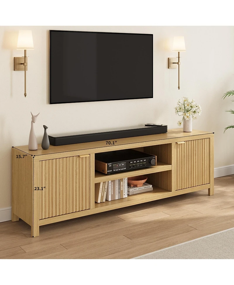 homfan Fluted Tv Stand for 75 inch, 70" Wide Entertainment Center with Adjustable Shelves, Modern and Media Cabinet 2-Tier Storage