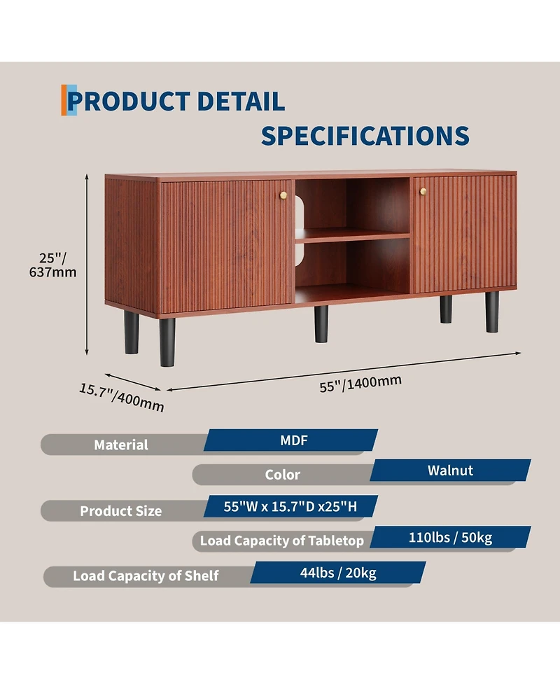 homfan Fluted Tv Stand for TVs up to 65in, Mid Century Modern Wooden Entertainment Center, Adjustable Shelf and 2 Storage Doors