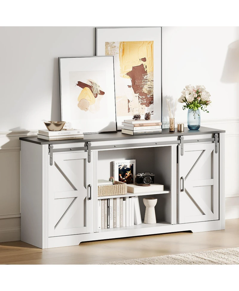 homfan Farmhouse Tv Stand for up to 70 Inch Tv, Entertainment Center with Sliding Barn Doors, 4 Drawers, Adjustable Shelf, Cable Management