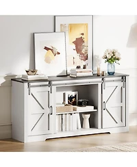 homfan Farmhouse Tv Stand for up to 70 Inch Tv, Entertainment Center with Sliding Barn Doors, 4 Drawers, Adjustable Shelf, Cable Management