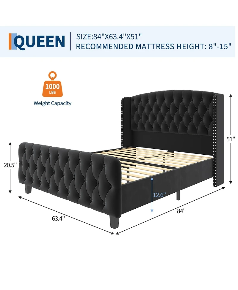 homfan Modern 51 Inch Tall Button Tufted Wingback Headboard, Queen Upholstered Platform Bed Frame, Sturdy Wood Slat Support, No Box Spring Needed