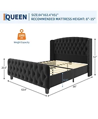 homfan Modern 51 Inch Tall Button Tufted Wingback Headboard, Queen Upholstered Platform Bed Frame, Sturdy Wood Slat Support, No Box Spring Needed