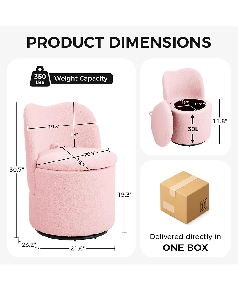 homfan 360degree(s)Swivel Vanity Chair Dining Chairs, Pink Velvet Storage Stool with Back and Sherpa Fabric for Bedroom or Living Room Bedroom