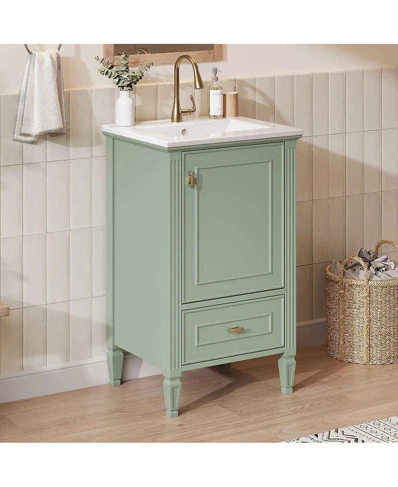 Sillysis 20 Inch Retro Bathroom Vanity with Ceramic Sink, Solid Wood Legs, Soft Close Door and Bottom Drawer Storage