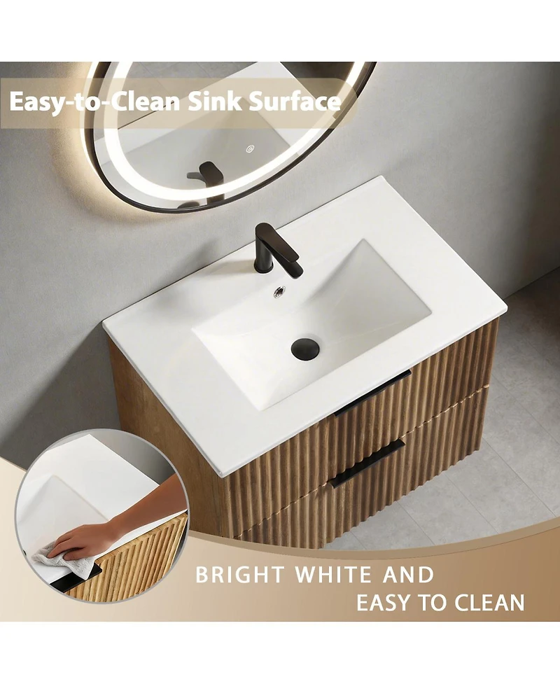 Sillysis Wall Mounted Bathroom Vanity with 3D Fluted Drawer, Integrated Ceramic Sink
