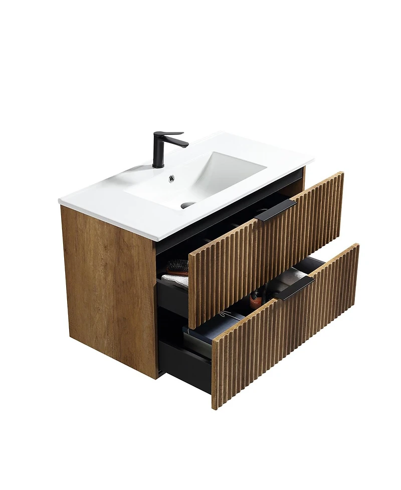 Sillysis Wall Mounted Bathroom Vanity with 3D Fluted Drawer, Integrated Ceramic Sink