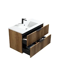 Sillysis Wall Mounted Bathroom Vanity with 3D Fluted Drawer, Integrated Ceramic Sink