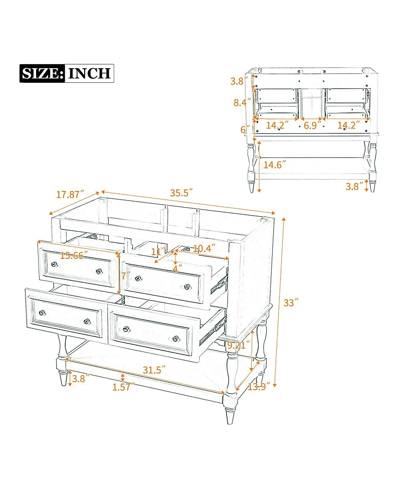 Sillysis 36 Inch Classic Bathroom Vanity without Top, Solid Wood Mdf Cabinet, 4 Drawers, Open Shelf Storage