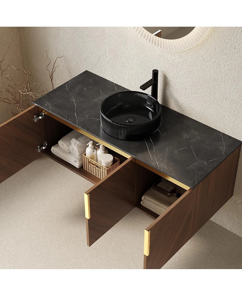 Sillysis Bathroom Vanity Cabinet with Glass Vessel Sink, Sintered Stone Top, Soft Close Storage